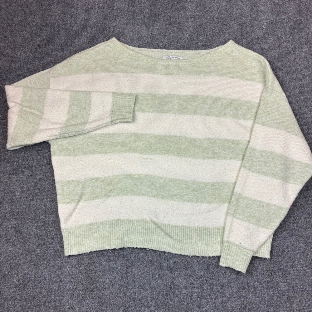 American‎ Eagle Striped Boat Neck Sweater Green White Size XS Relaxed Soft Knit